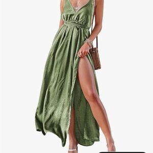 Women's Deep V Neck Backless Satin Split Maxi Party Dress